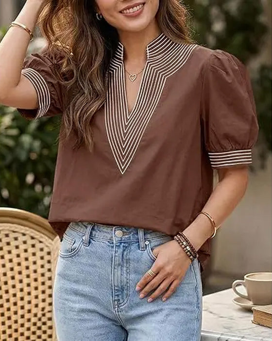 Bluse V-Hals Bobble Ærme Stribet