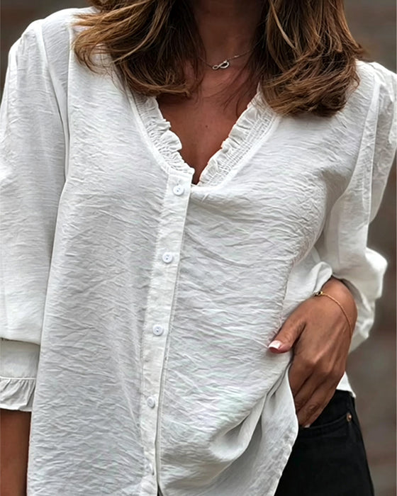 Bluse V-Hals Knap Foran Ruffle Pufærme