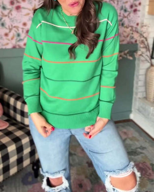 Pullover med rund hals og striber, afslappet