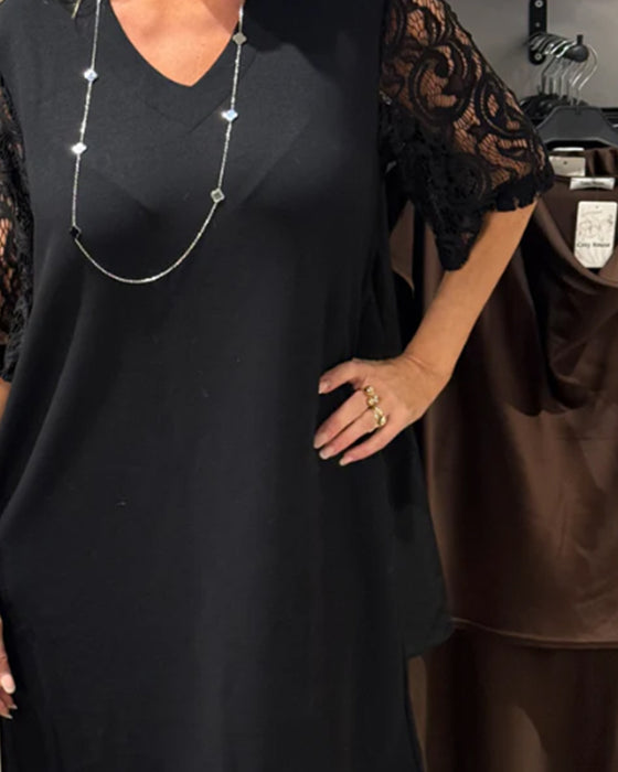 Kjole Stilfuld V-hals Kjole Med Blonderærmer