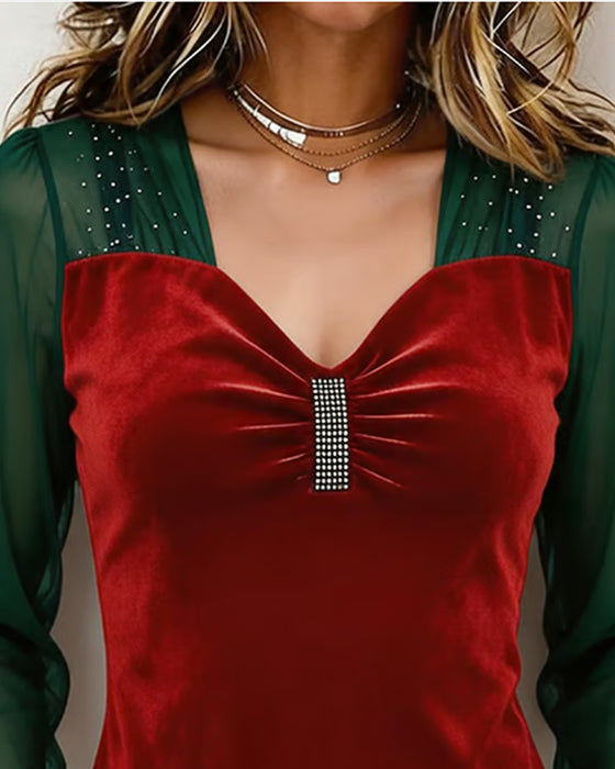 Bluse V-Hals Rynket Net Farveblok Slim Pasform