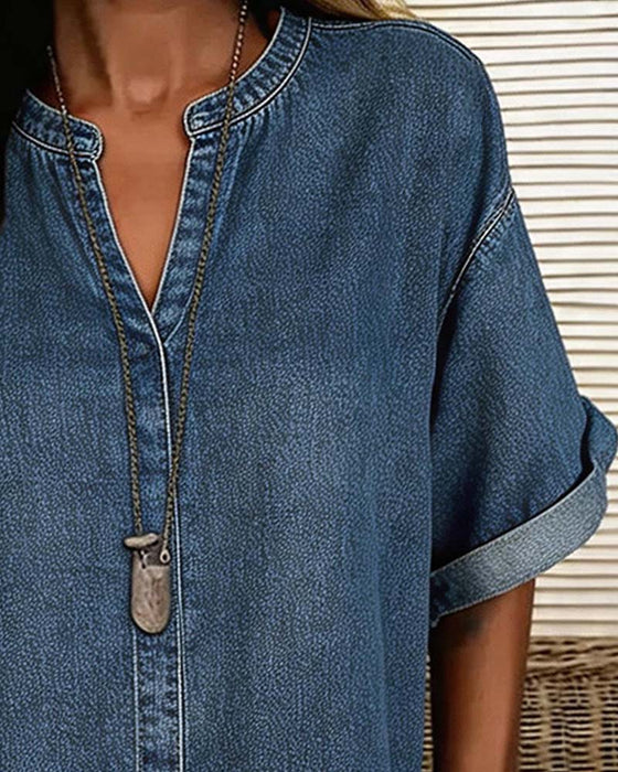 Bluser V-Hals Denim Kortærmet