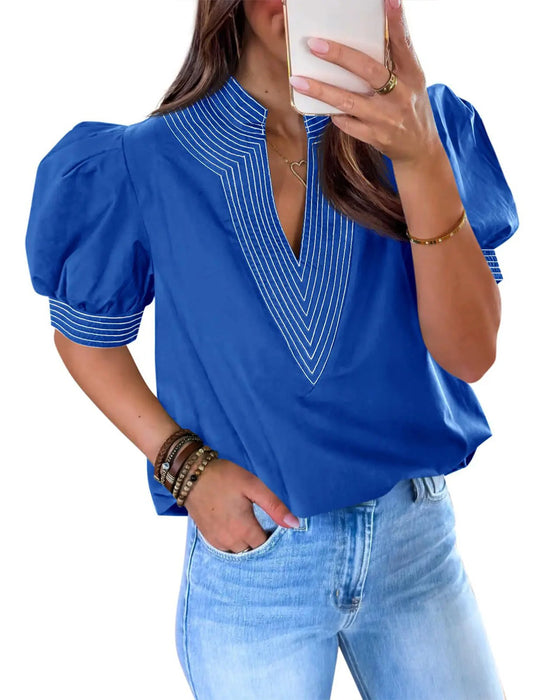 Bluse V-Hals Bobble Ærme Stribet
