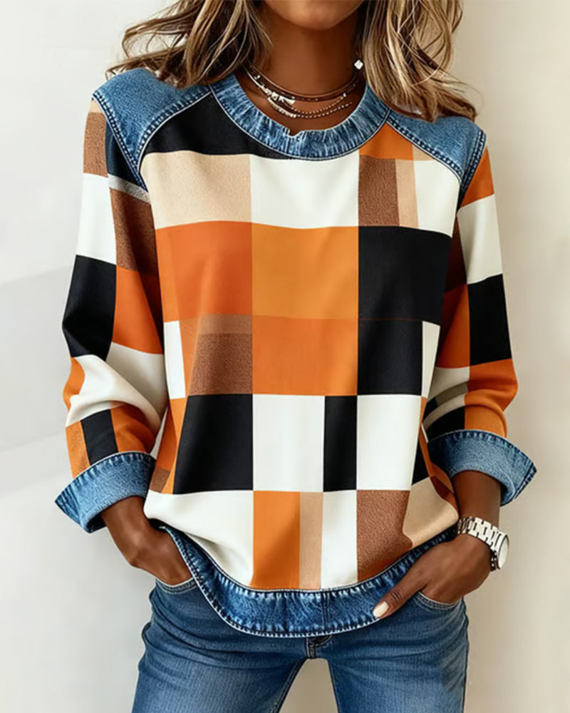Sweatshirt Med Ternet Patchwork Og Kontrastfarve