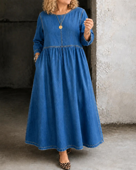 Kjole Rund Hals Plisseret Lang Ærme Denim