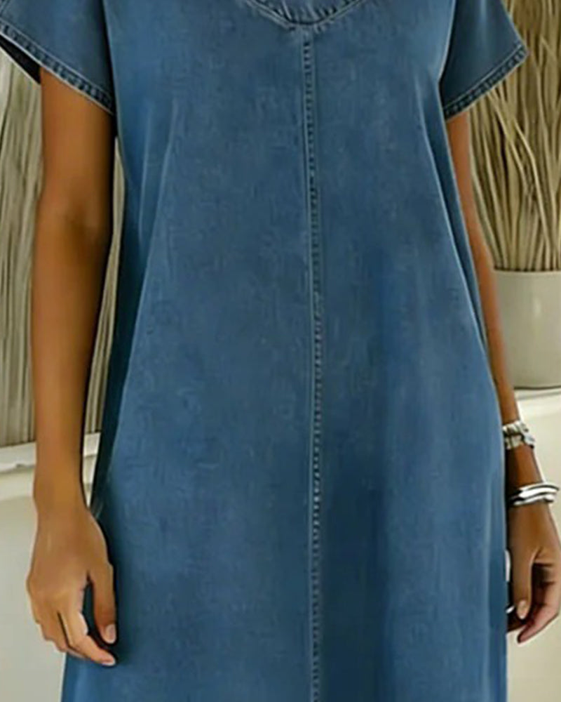 Kjole Afslappet V-Udskæring Kort Ærme Denim