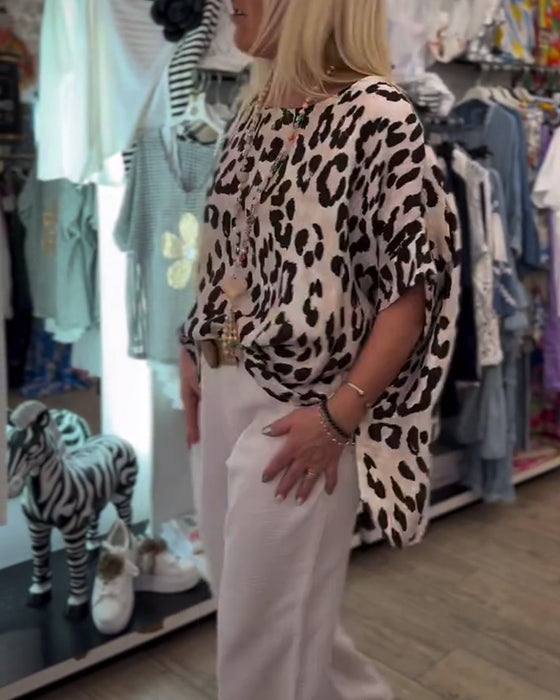 Bluse Med Rund Hals Leopardprint Løs