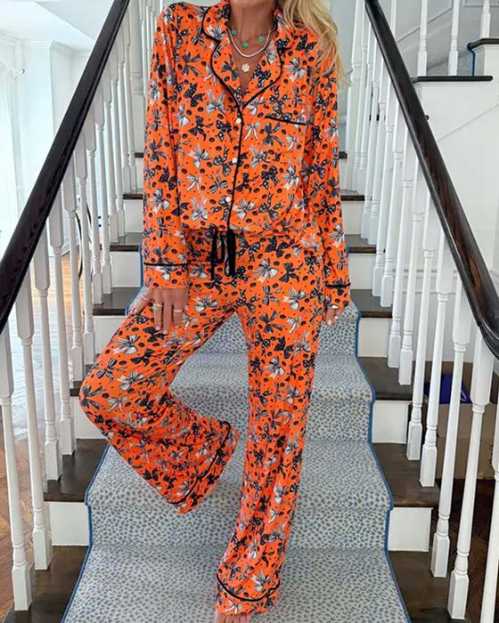 Pyjamas Sæt Skjortekrave Trykt Knap