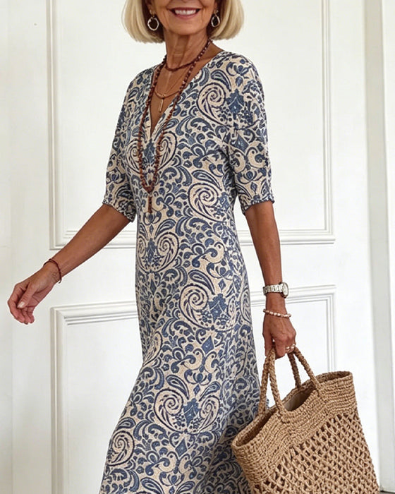 Kjole Vintage Blomstermønster V-Hals Maxi