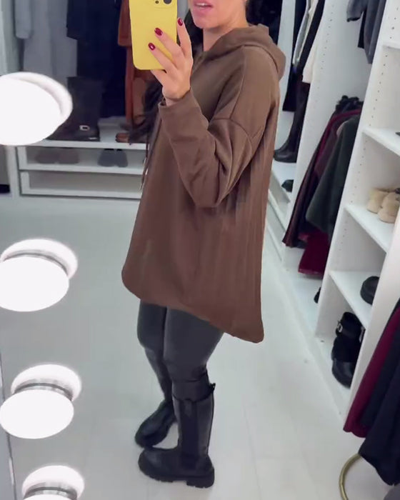 Uregelmæssig Løstsiddende Ensfarvet Langærmet Hoodie