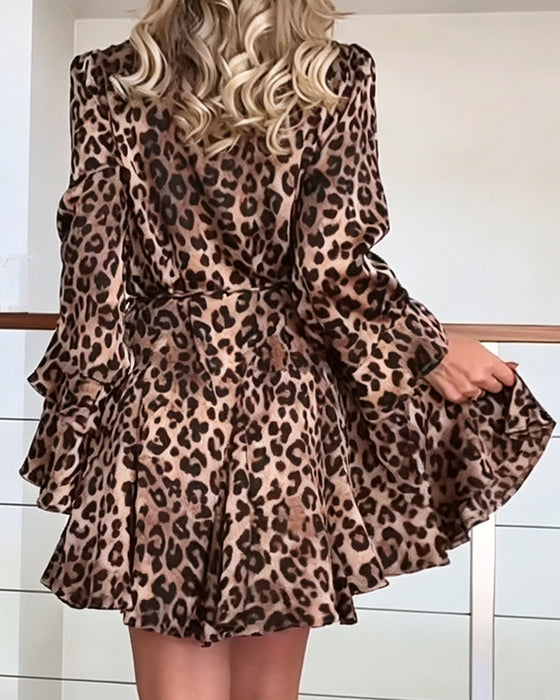 Kjole V-Hals Leopardprint Snøring Kort