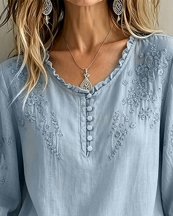 Bluse Broderi 3/4-Ærme Ensfarvet