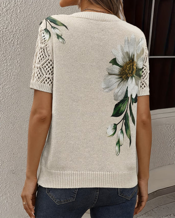 Pullover V-Udskæring Strikket Blomstret
