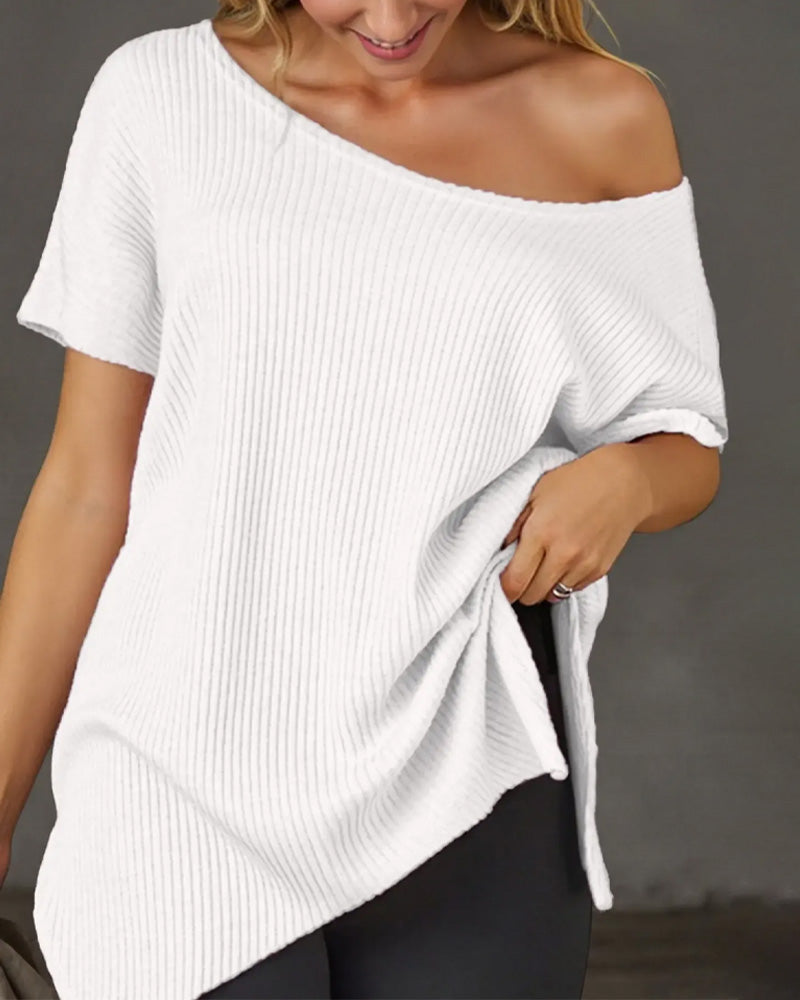 T-Shirt Uregelmæssig Off-Shoulder Kort Ærme Ribbet