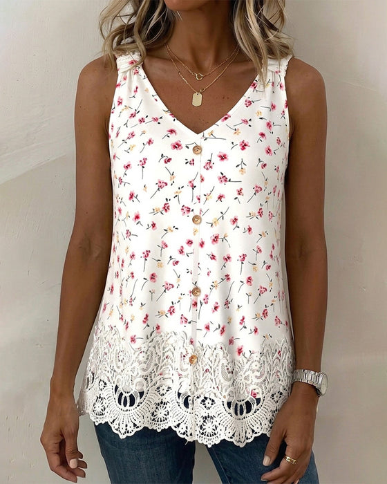 Tank Top V-Hals Spagettibånd Blomstrende Blonder Patchwork