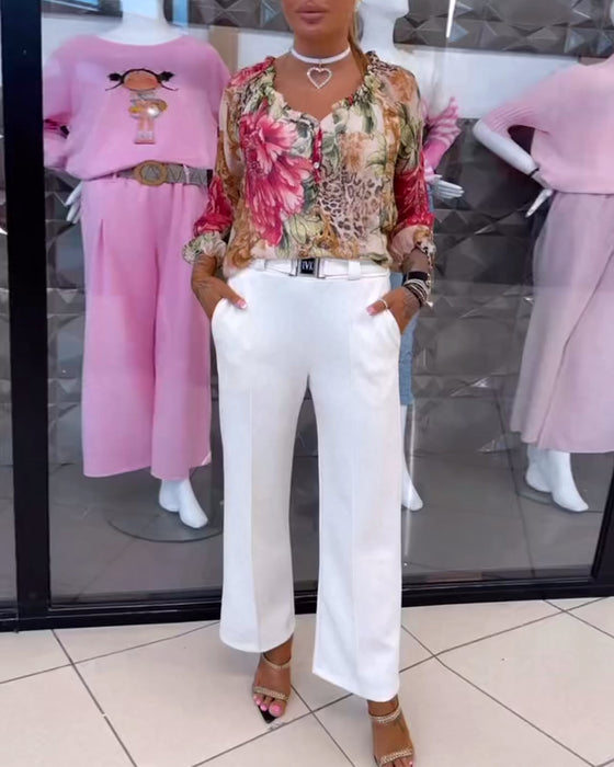 Bluse Med V-Hals Blomsterprint