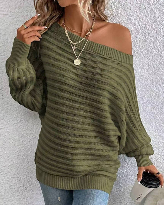 Ensfarvet ribstrikket off-shoulder sweater
