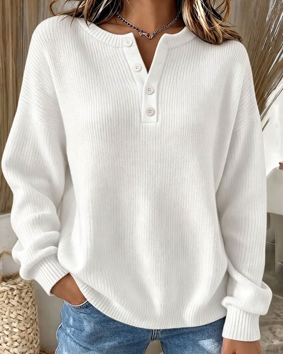 Pullover Ensfarvet Knap Casual