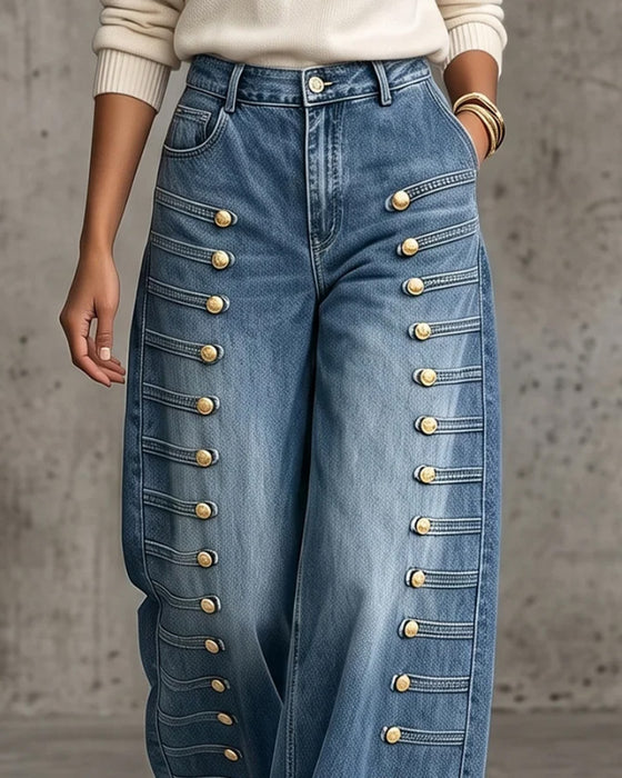 Bukser Knap Lomme Bredbenede Denim Lang