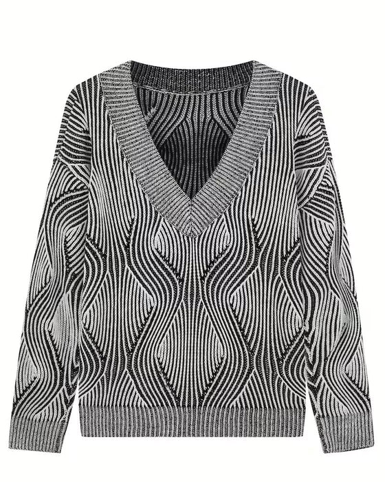 Pullover Geometrisk Stribet V-Hals Langærmet