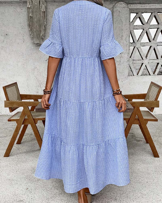 Kjole Blå Hvid Gingham V-Hals