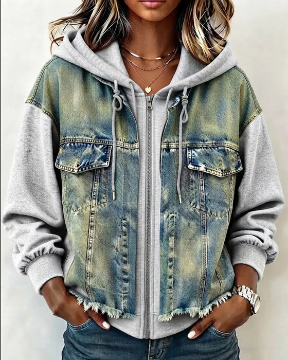 Frakke Denim Patchwork Med Hætte Sweatshirt