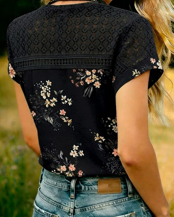 T-Shirt Udskæring Patchwork Kort Ærme