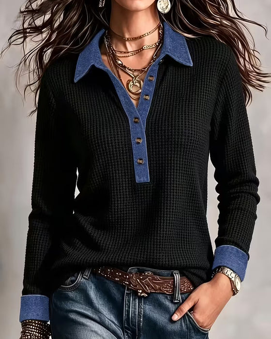 Bluse Afslappet Denim Krave Panel Lang Ærme