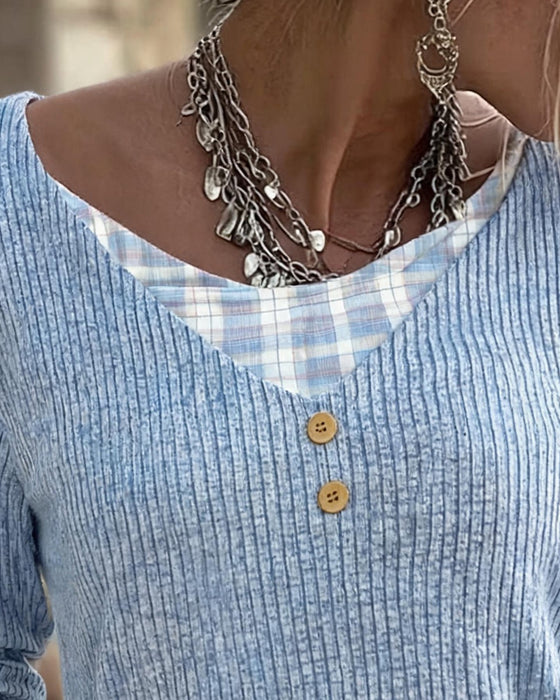 Top Ribbet Ternet Patchwork Lang Ærme