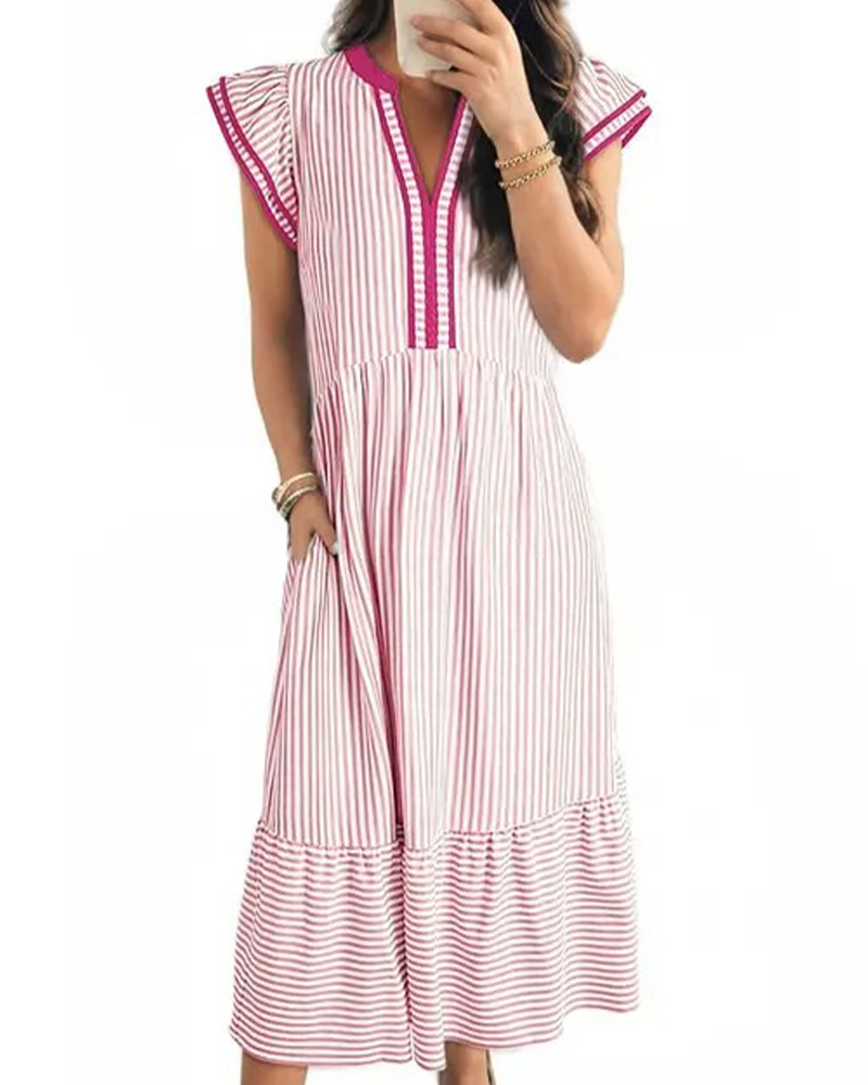 Kjole Stribet Dobbelt Rynke Kortærmet