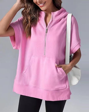 Sweatshirt Korte Ærmer Delvis Lynlås Hætte