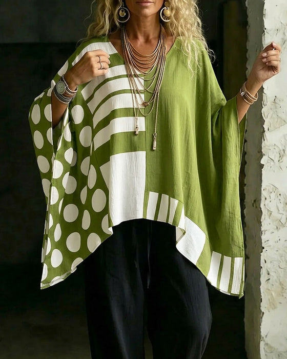 Bluse Polka Dot Stribe Patchwork V Halsudskæring