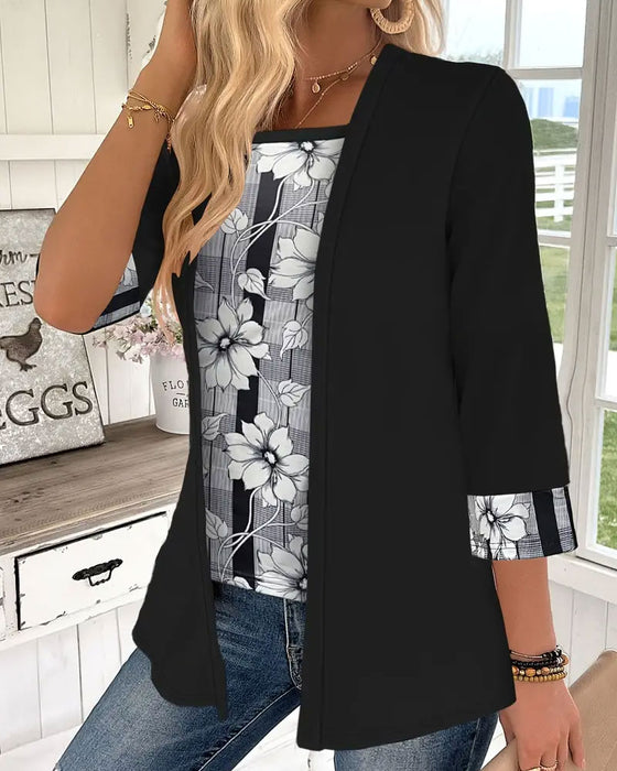 Printet Top Med Lange Ærmer Falsk Todelt Design