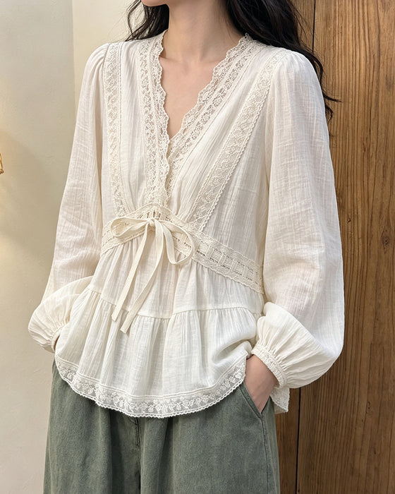 Bluse V-Hals Boble Ærme Blonder Patchwork Udstillet