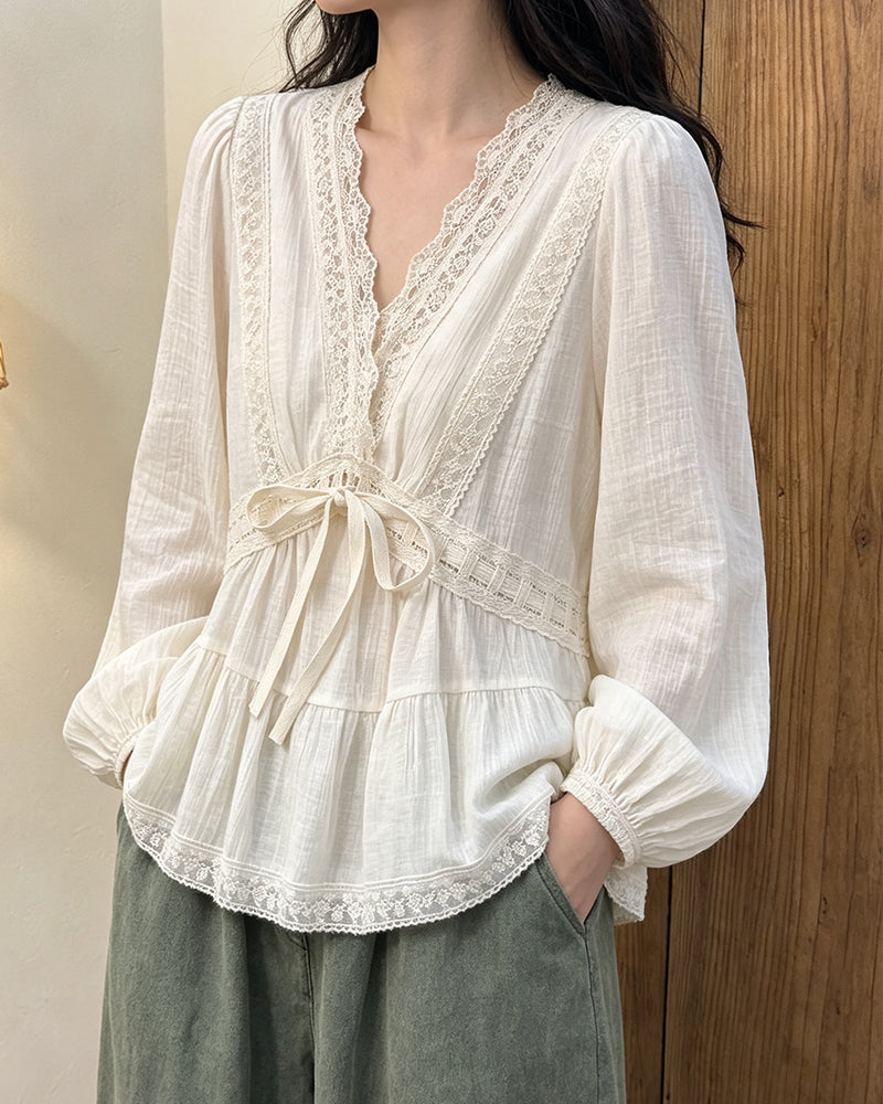 Bluse V-Hals Boble Ærme Blonder Patchwork Udstillet