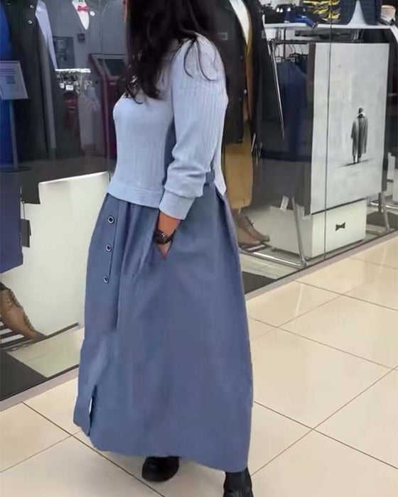 Kjole Casual Farveblok Rund Halsudskæring