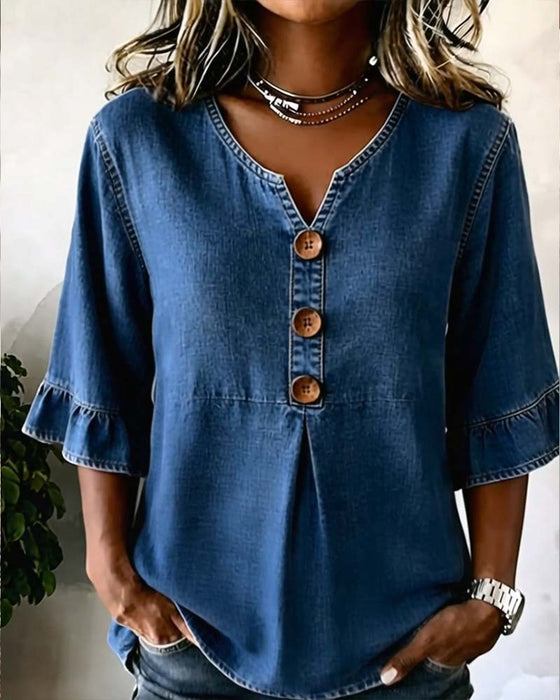 Bluse V-Udskæring Udvidet Ærme Denim