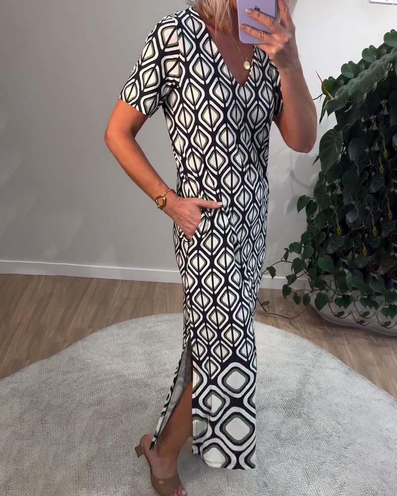 Kjole V-Hals Geometrisk Kortærmed