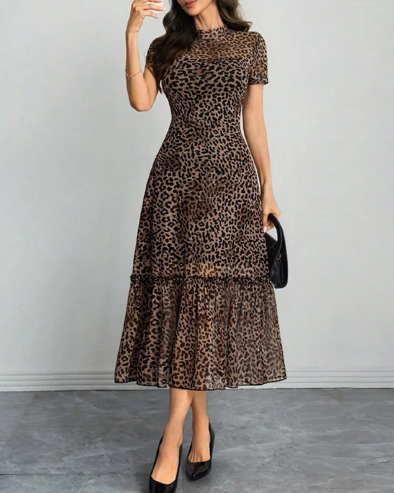 Kjole Leopard Mock Hals Mesh Midi