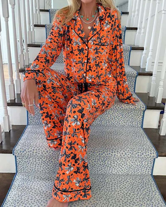 Pyjamas Sæt Skjortekrave Trykt Knap