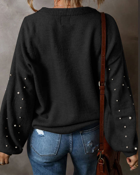 Pullover Med Perler Lange Ærme Rund Hals