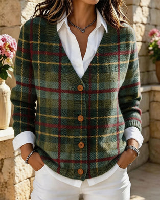 Cardigan Vintage Rutemønster V-Hals Knap