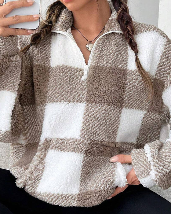 Sweatshirt Halv-Zip Ståkrave Rutemønster