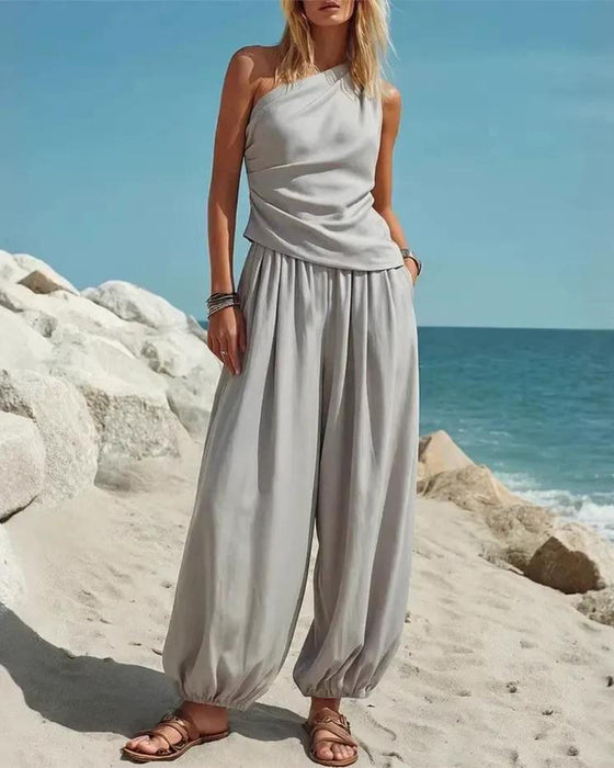 Set Enskulder Tank Top Høj Talje Bukser