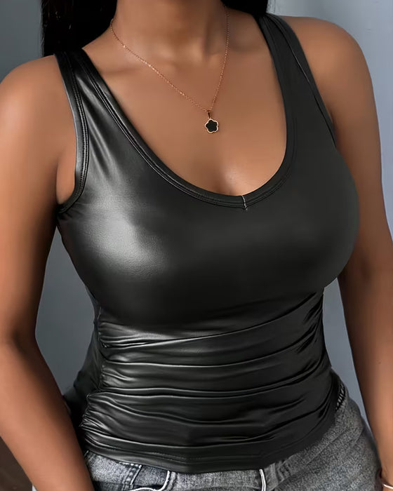 Tank Top Ensfarvet U-Hals Rynket