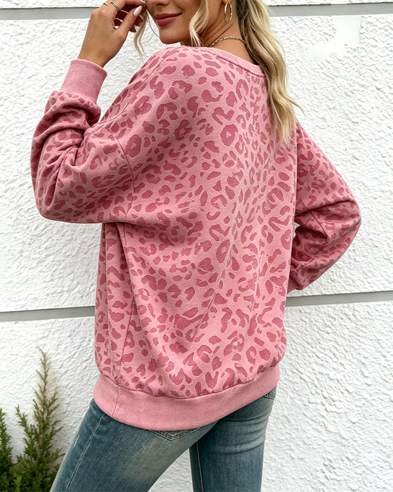 Pullover Sweatshirt Leopard Rundhals Drop Skulder