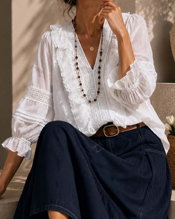 Bluse V-Hals Enfarvet Blonder