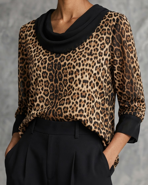 Bluse Mock Hals Leopard Albuelang Ærme