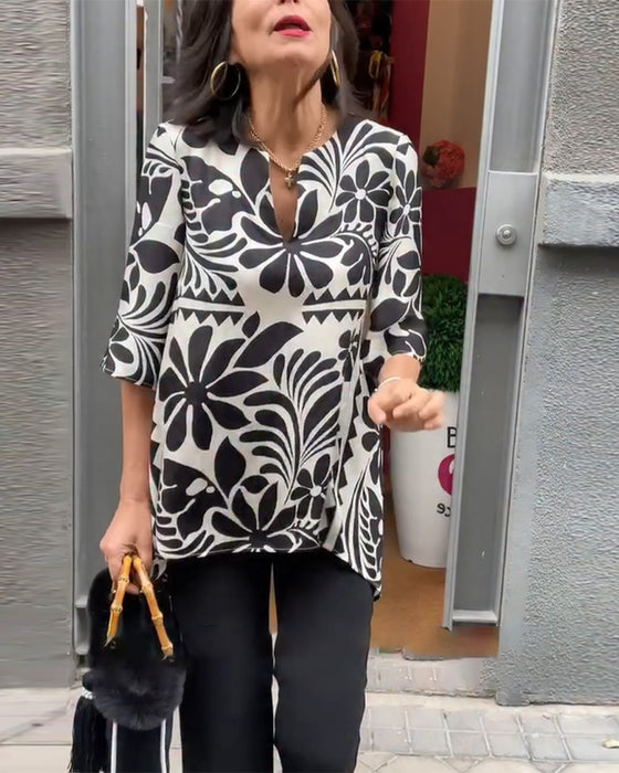 Bluse Vintage Halv Ærme Trykt