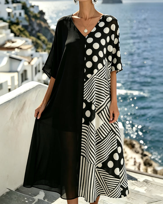 Kjole V-Hals Polka Dot Stribe Patchwork
